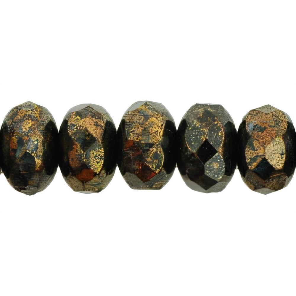 Czech Gem-Cut Rondelle 11 x 7mmmm Jet - Bronze Picasso (25pcs)