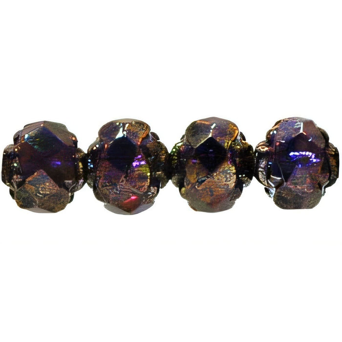 Czech Small Rosebud Fire-Polish 6 x 5mm Tanzanite - Bronze Picasso (25pcs)