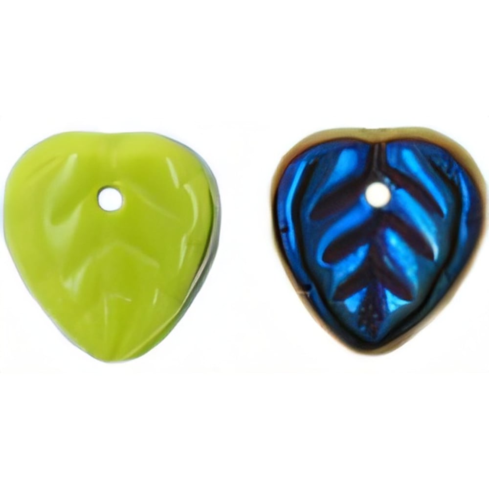 Czech Heart Leaves 10 x 10mm Blue Iris - Opaque Olivine (50pcs)
