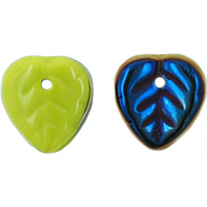 Czech Heart Leaves 10 x 10mm Blue Iris - Opaque Olivine (50pcs)