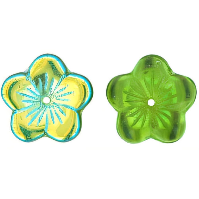 Czech Large Flat Flowers 16 x 4mm Olivine AB (25pcs)