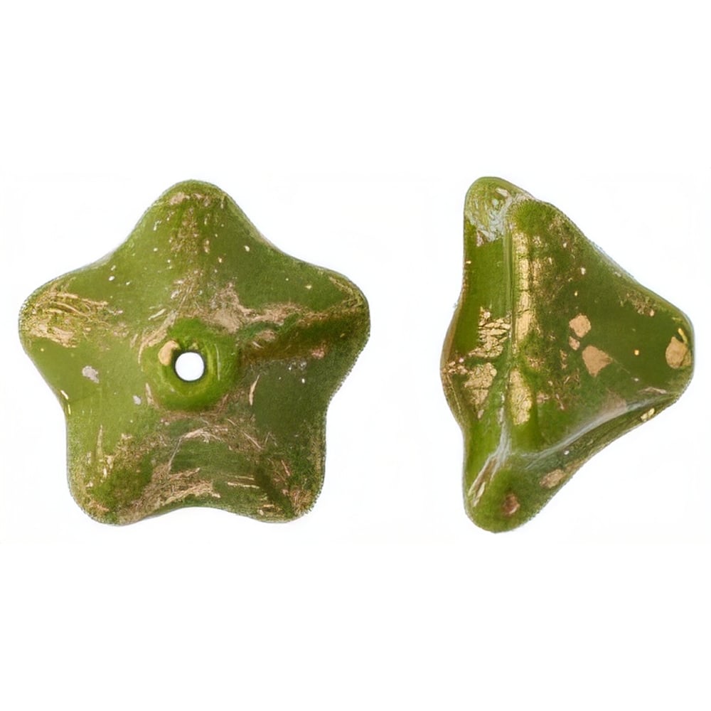 Czech Trumpet Flower 13 x 8mm Gold Marbled - Opaque Olive (25pcs)