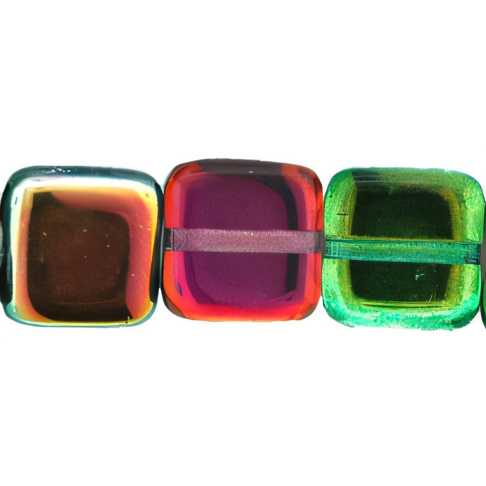 Czech Flat Squares 9mm Coated - Marea - Peacock/Gold (25pcs)