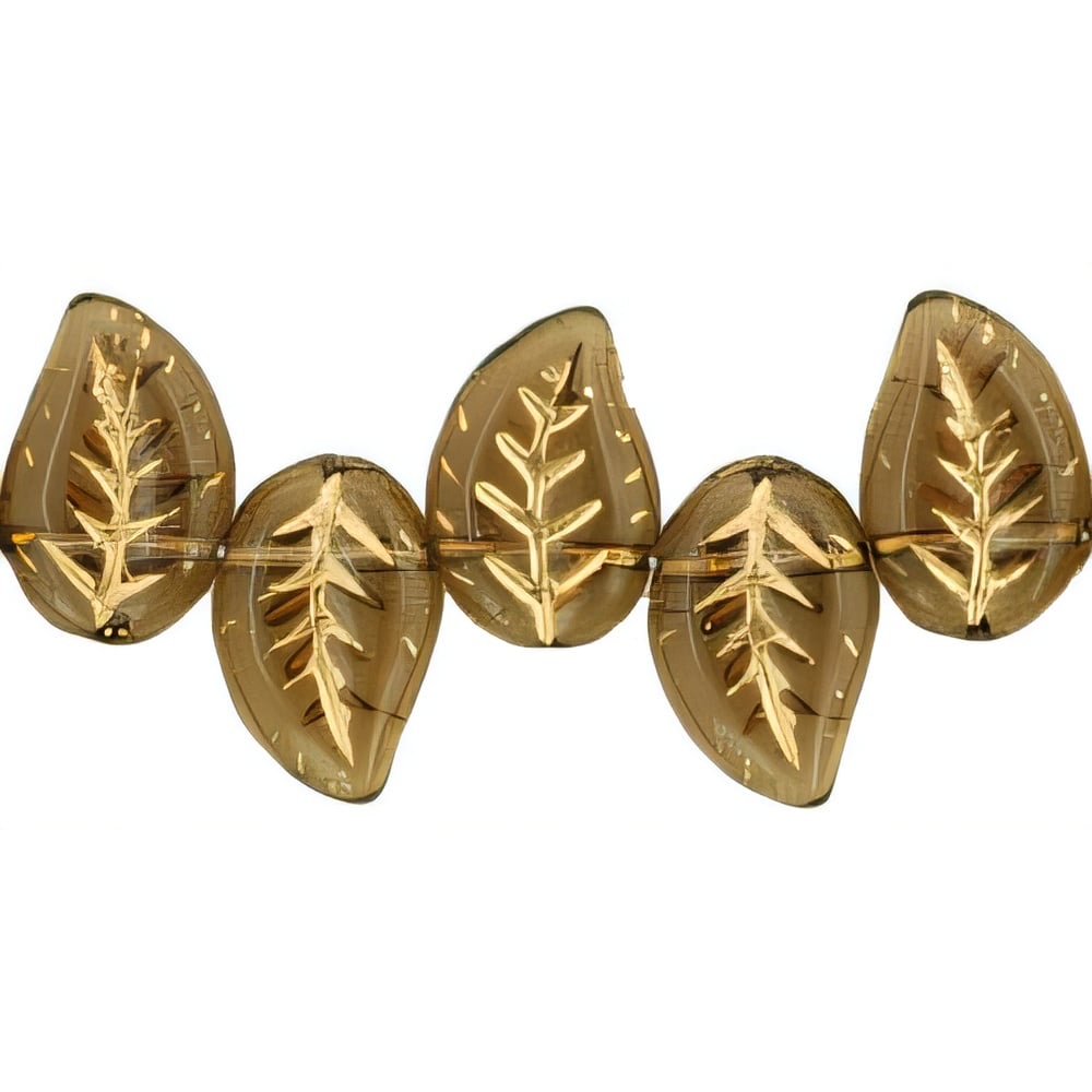 Czech Eucalyptus Leaves 12 x 9mm Smoky Topaz - Gold Inlay (25pcs)