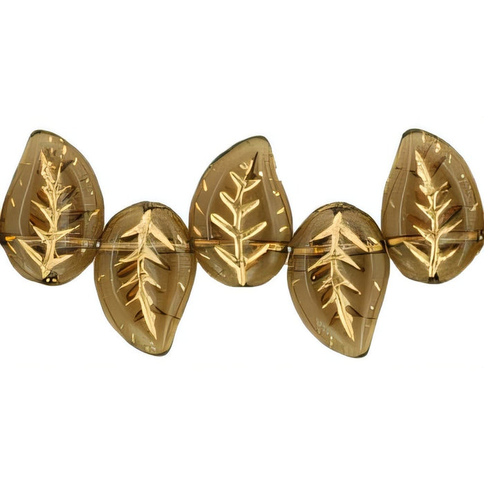 Czech Eucalyptus Leaves 12 x 9mm Smoky Topaz - Gold Inlay (25pcs)