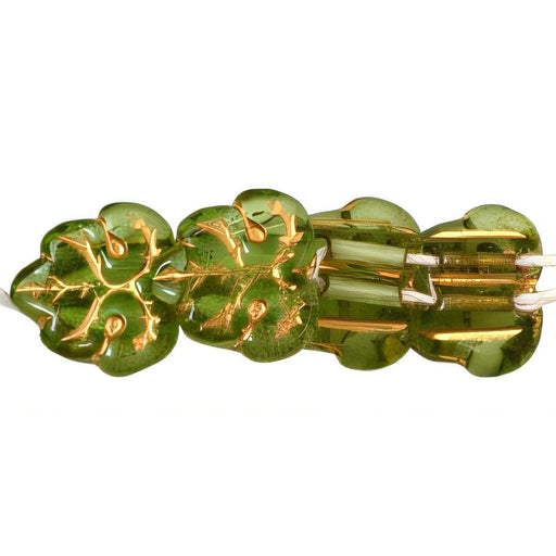 Czech Two-Hole Maple Leaves 13mm: Olivine - Gold Inlay (25pcs)