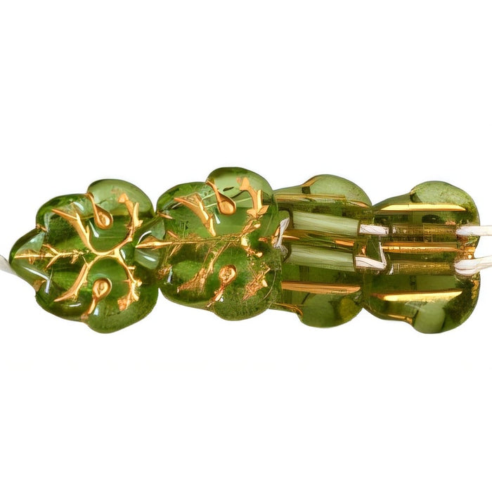 Czech Two-Hole Maple Leaves 13mm: Olivine - Gold Inlay (25pcs)