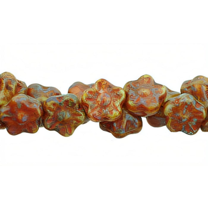 Czech Button Style Bead Flower 7mm Opaque Orange/White - Picasso (50pcs)