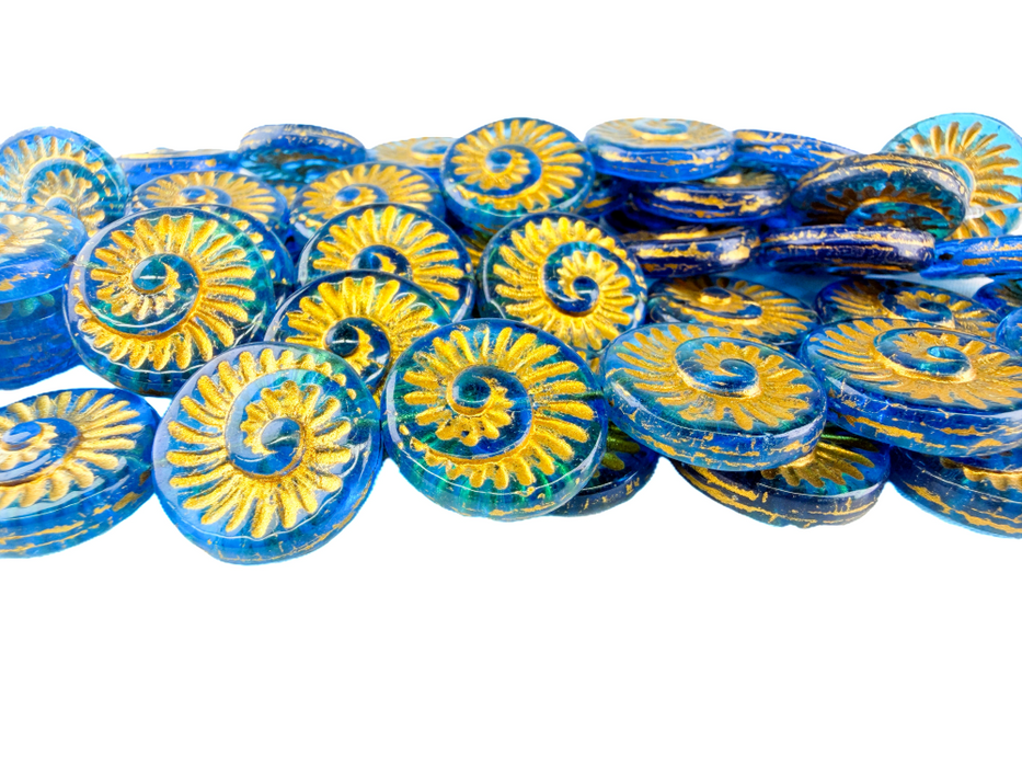 Czech Glass Fossil Bead 18mm - Aquamarine with Gold Wash (strand)