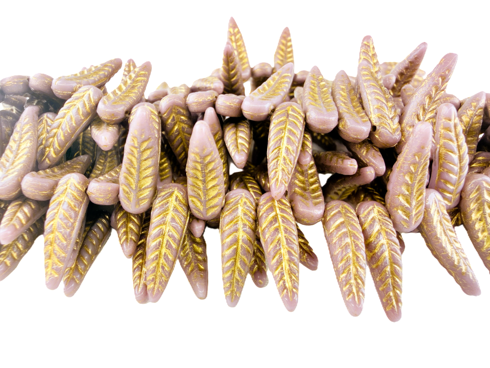 Czech Glass Feather Bead 17 x 5mm : Opaque Purple with Gold Wash