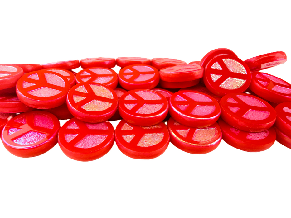 Czech Glass Peace Sign Bead 16mm - Opaque Light Red Full AB (strand)