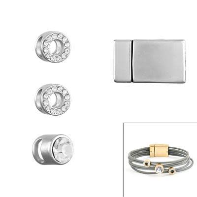 Matte Silver Rhinestone Slider Bracelet Component Set for 2mm Round Leather