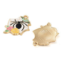 Gold Enamel Flower & Spider Charm, Halloween Theme, 27mm