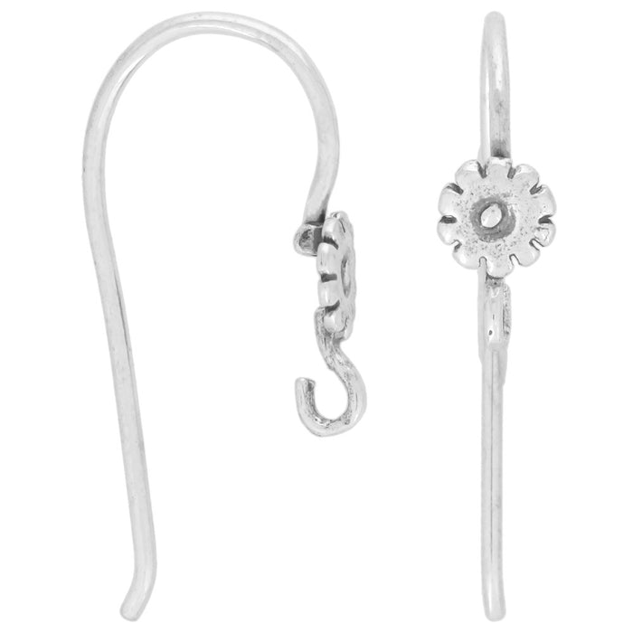 Earring Findings, Flat Flower Ear Wire 27mm, Sterling Silver (1 Pair)