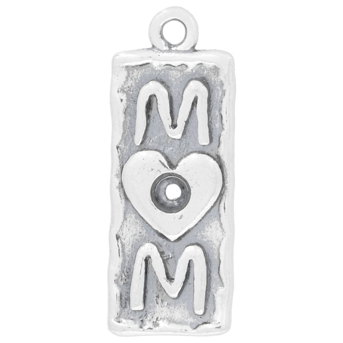 Charm, Rectangle with Mom and Heart in Center 25x9.5mm, Sterling Silver (1 Piece)