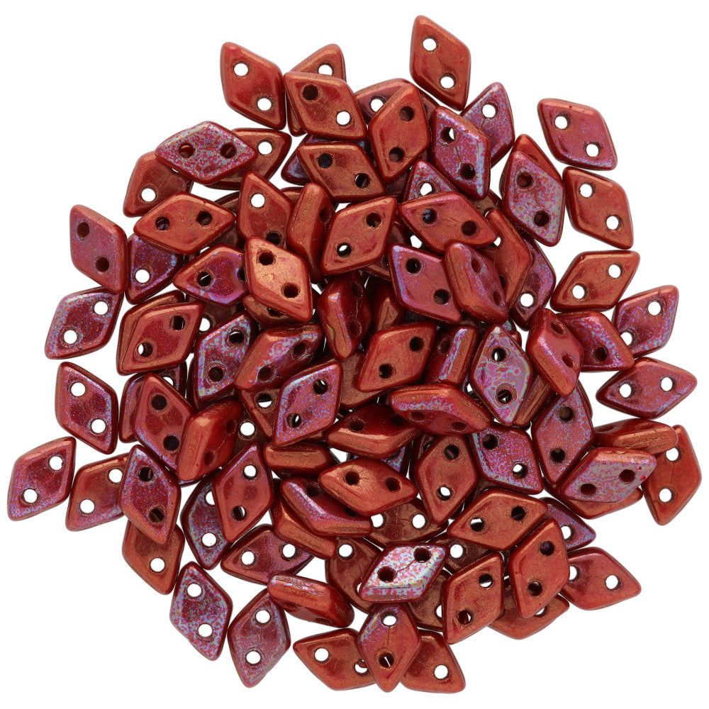 CzechMates Glass, 2-Hole Diamond Beads 4x6mm, 8 Grams, Bronze Luster Iris - Opaque Red