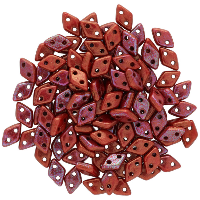 CzechMates Glass, 2-Hole Diamond Beads 4x6mm, 8 Grams, Bronze Luster Iris - Opaque Red