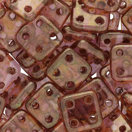 CzechMates Glass, QuadraTile 4-Hole Square Beads 6mm, Rose / Gold Topaz Luster (2.5" Tube)