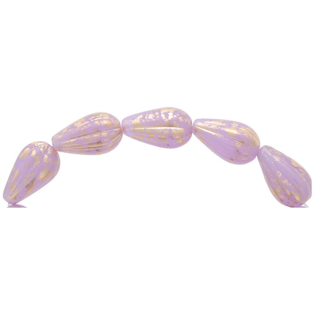 Czech Glass 13 x 8mm Lilac Purple Opaline with Antique Gold Finish Melon Drop Bead Strand by Raven's Journey