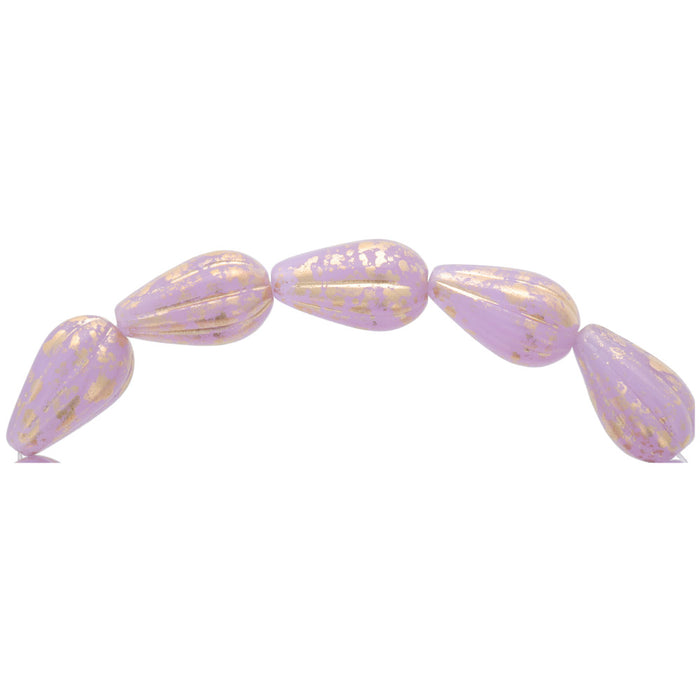 Czech Glass 13 x 8mm Lilac Purple Opaline with Antique Gold Finish Melon Drop Bead Strand by Raven's Journey