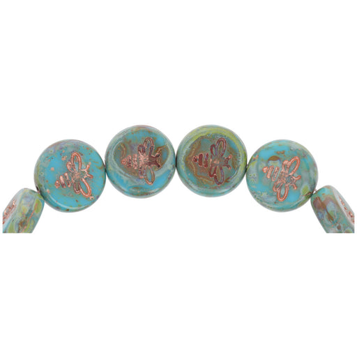 Czech Glass 12mm Pressed Coin with Bee Turquoise with Picasso Finish and Copper Wash Bead Strand by Raven's Journey