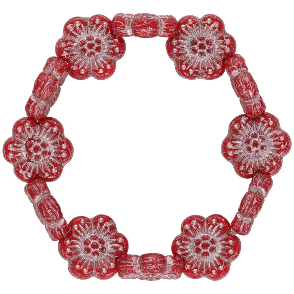 Czech Glass Wild Rose (14mm) Red Opaline with Platinum Wash , 1 Strand