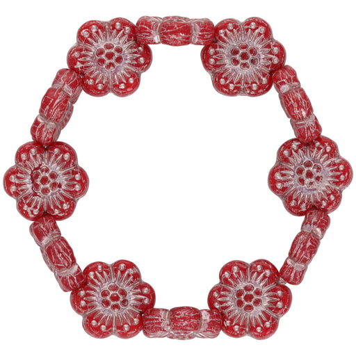 Czech Glass Wild Rose (14mm) Red Opaline with Platinum Wash , 1 Strand