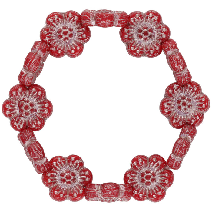 Czech Glass Wild Rose (14mm) Red Opaline with Platinum Wash , 1 Strand