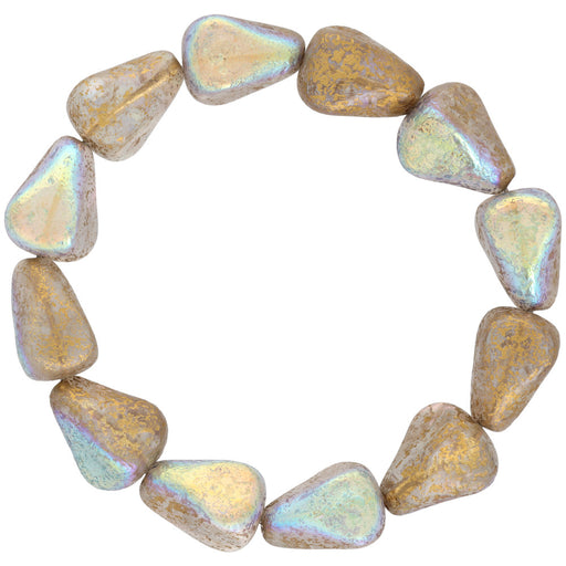 Czech Glass Old Style Drop (13x12mm) Crystal Transparent with Etched Gold and Aurora Borealis Finishes , 1 Strand