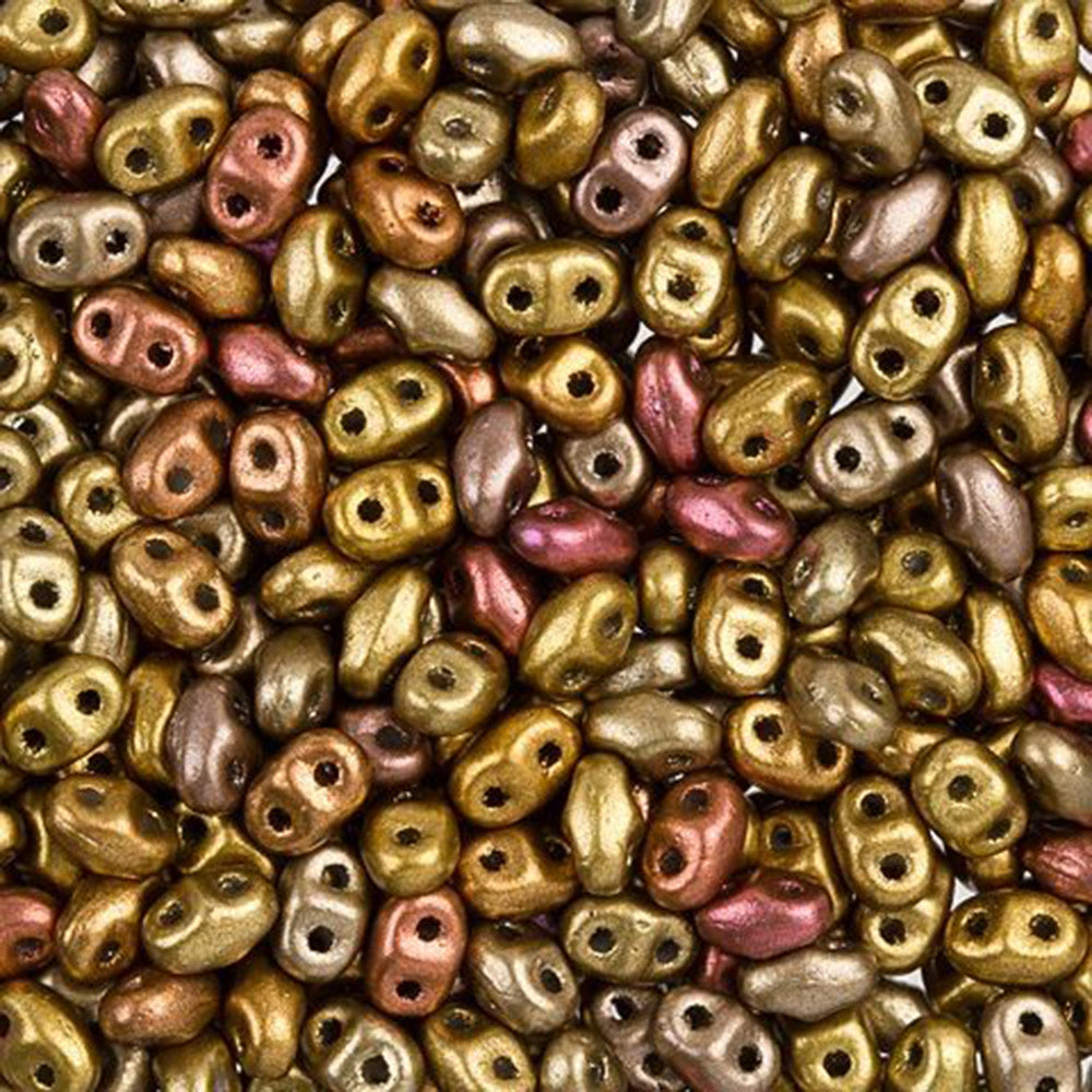 Czech Glass MiniDuo, 2-Hole Beads 2x4mm, Matte Metallic Gold Copper Iris  (2.5 Inch Tube)