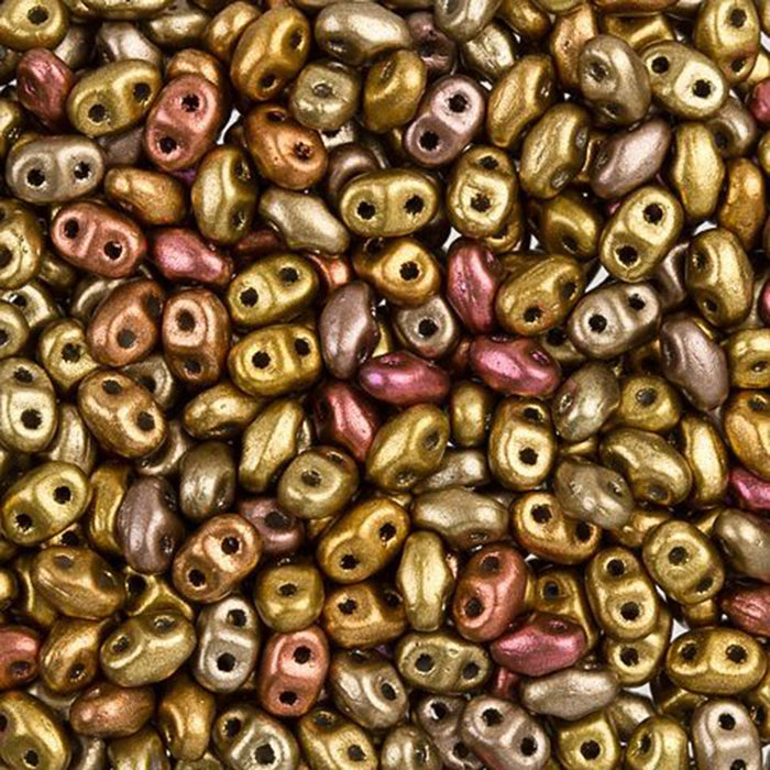 Czech Glass MiniDuo, 2-Hole Beads 2x4mm, Matte Metallic Gold Copper Iris  (2.5 Inch Tube)