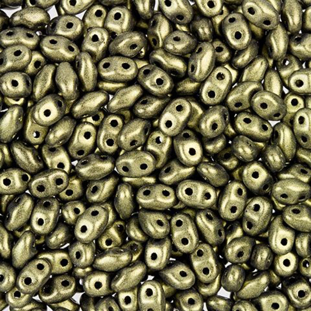 Czech Glass MiniDuo, 2-Hole Beads 2x4mm, Gold Metallic Suede  (2.5 Inch Tube)