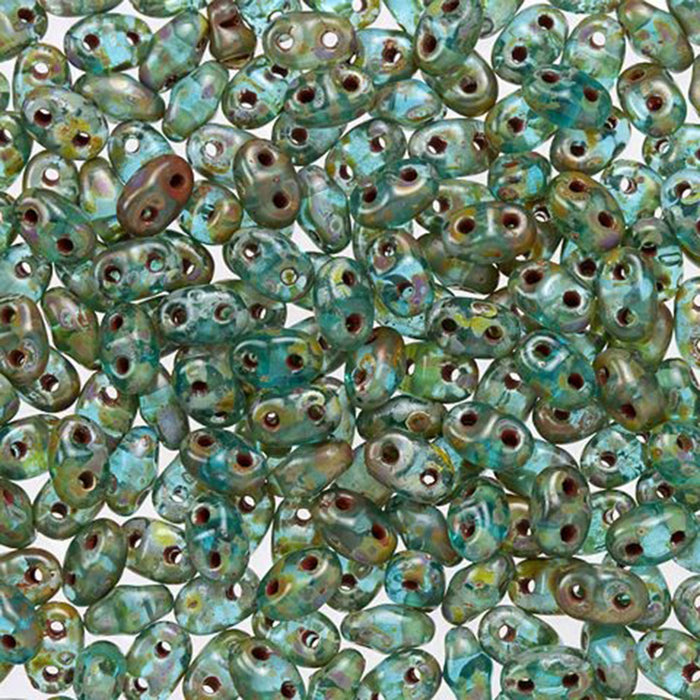 Czech Glass MiniDuo, 2-Hole Beads 2x4mm, Aquamarine Picasso  (2.5 Inch Tube)