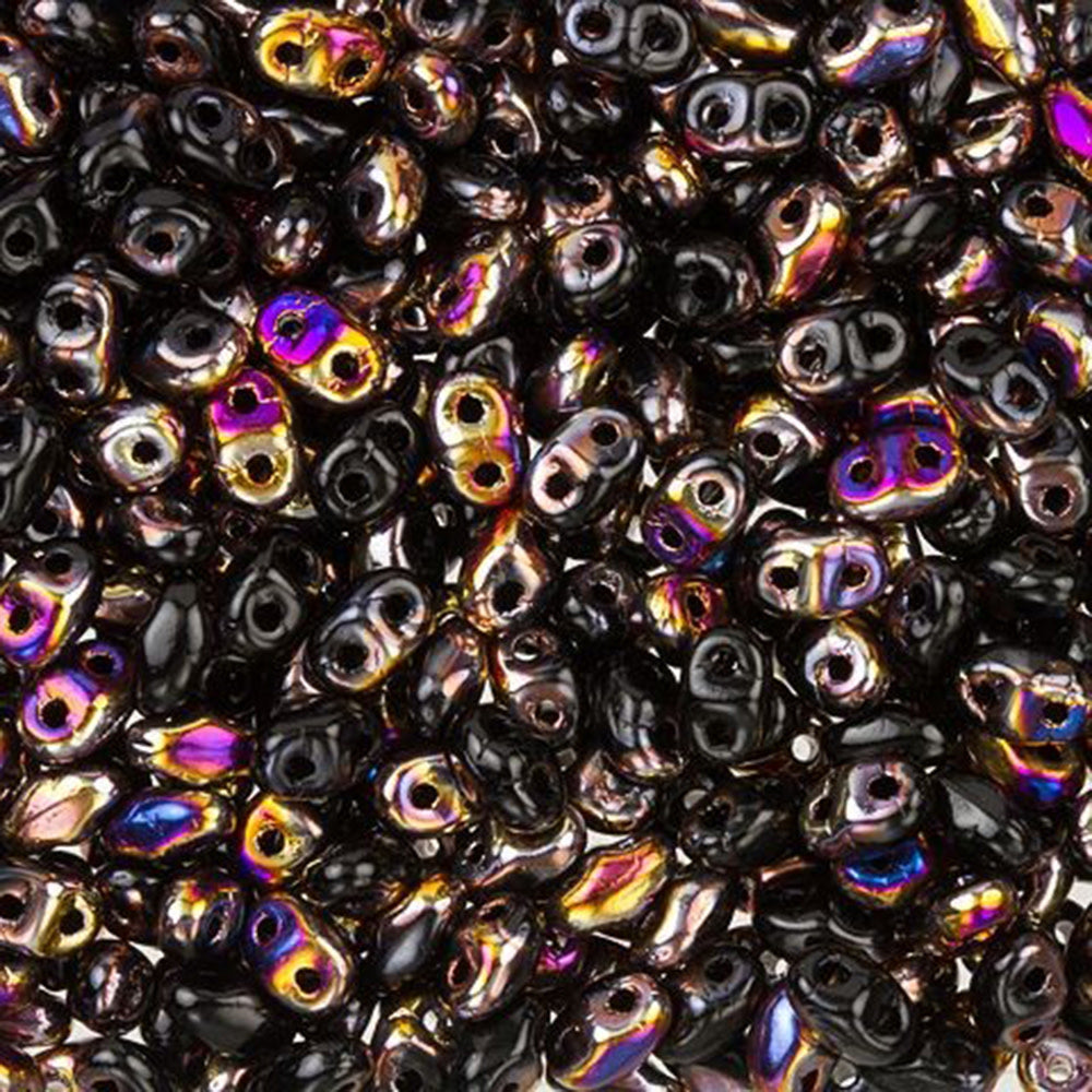 Czech Glass MiniDuo, 2-Hole Beads 2x4mm, Jet Artemis/Sliperit  (2.5 Inch Tube)