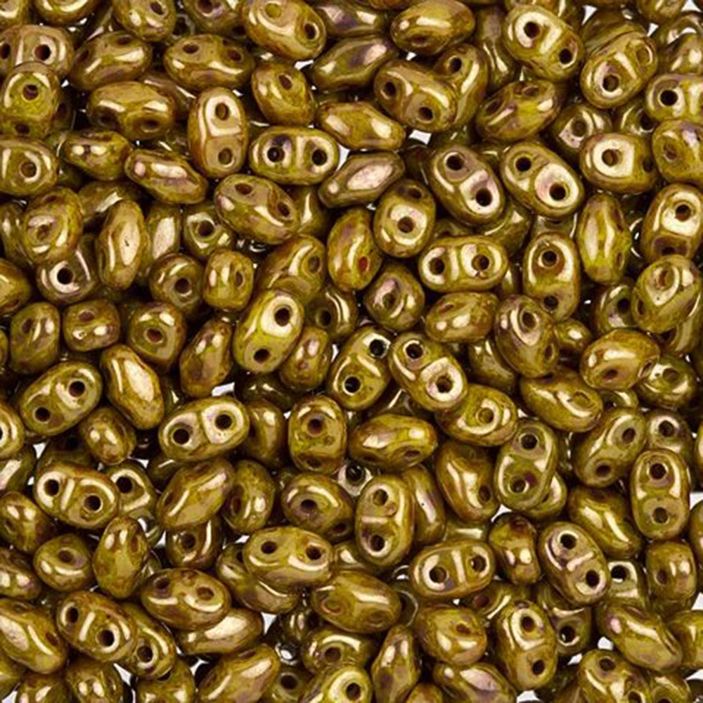 Czech Glass MiniDuo, 2-Hole Beads 2x4mm, Opaque Yellow with Bronze Picasso  (2.5 Inch Tube)