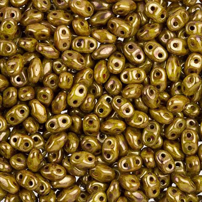 Czech Glass MiniDuo, 2-Hole Beads 2x4mm, Opaque Yellow with Bronze Picasso  (2.5 Inch Tube)
