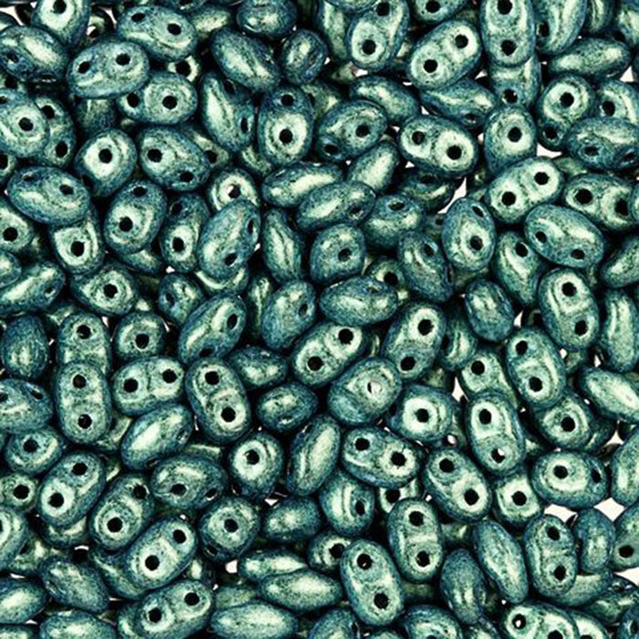 Czech Glass MiniDuo, 2-Hole Beads 2x4mm, Light Green Metallic Suede  (2.5 Inch Tube)
