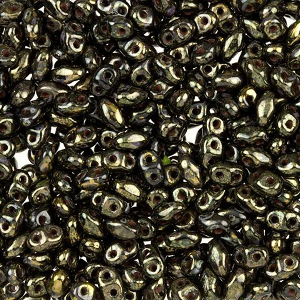 Czech Glass MiniDuo, 2-Hole Beads 2x4mm, Jet Bronze Picasso  (2.5 Inch Tube)