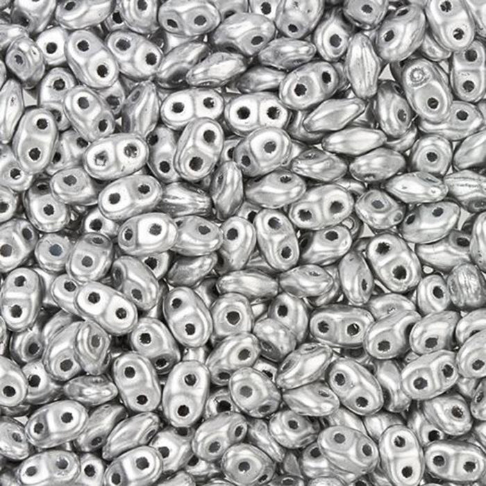 Czech Glass MiniDuo, 2-Hole Beads 2x4mm, Matte Metallic Silver  (2.5 Inch Tube)