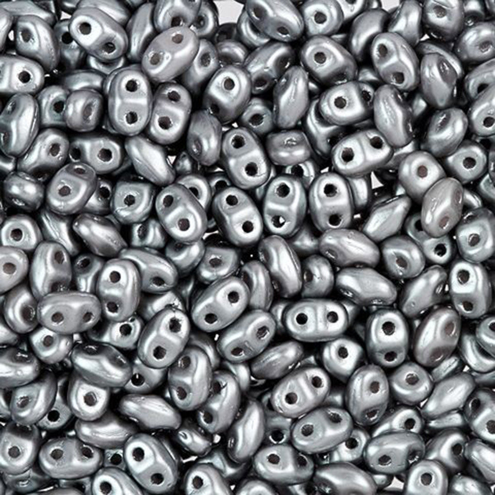 Czech Glass MiniDuo, 2-Hole Beads 2x4mm, Silver Pearl Coat  (2.5 Inch Tube)
