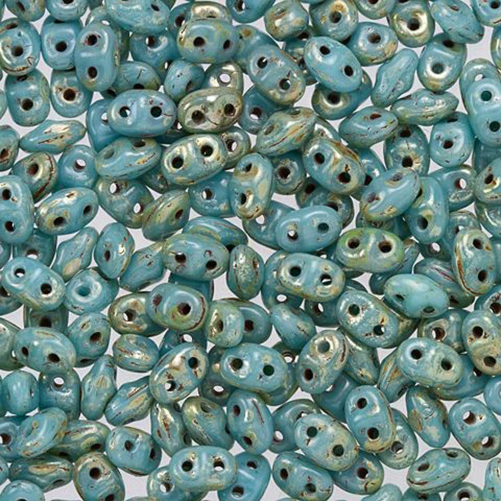 Czech Glass MiniDuo, 2-Hole Beads 2x4mm, Blue Turquoise with Silver Picasso  (2.5 Inch Tube)