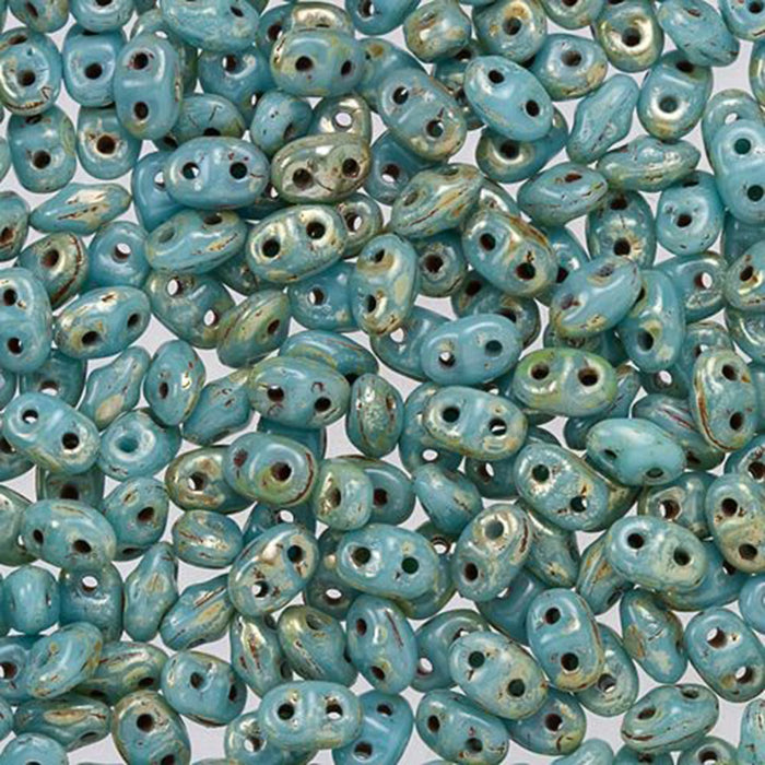 Czech Glass MiniDuo, 2-Hole Beads 2x4mm, Blue Turquoise with Silver Picasso  (2.5 Inch Tube)