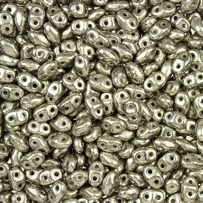 Czech Glass MiniDuo, 2-Hole Beads 2x4mm, Antique Silver  (2.5 Inch Tube)