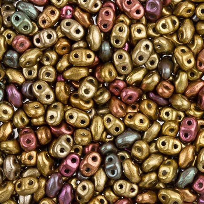 Czech Glass MiniDuo, 2-Hole Beads 2x4mm, Matte Metallic Gold Iris   (2.5 Inch Tube)