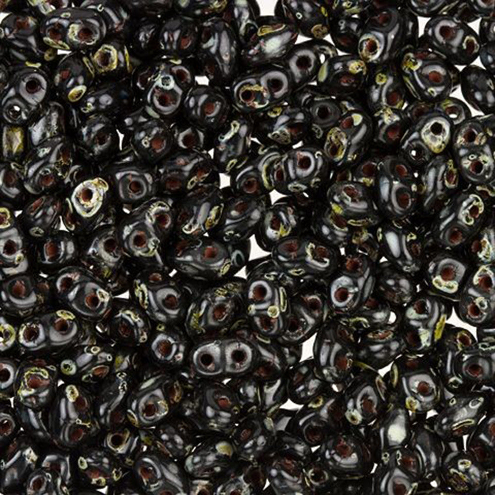 Czech Glass MiniDuo, 2-Hole Beads 2x4mm, Jet Picasso   (2.5 Inch Tube)