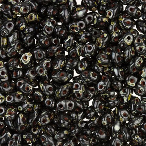 Czech Glass MiniDuo, 2-Hole Beads 2x4mm, Jet Picasso   (2.5 Inch Tube)