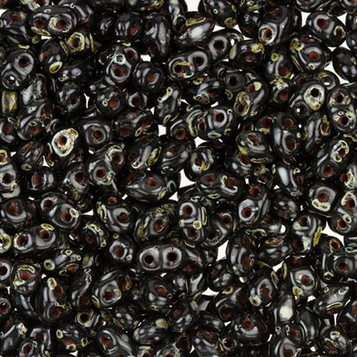 Czech Glass MiniDuo, 2-Hole Beads 2x4mm, Jet Picasso   (2.5 Inch Tube)