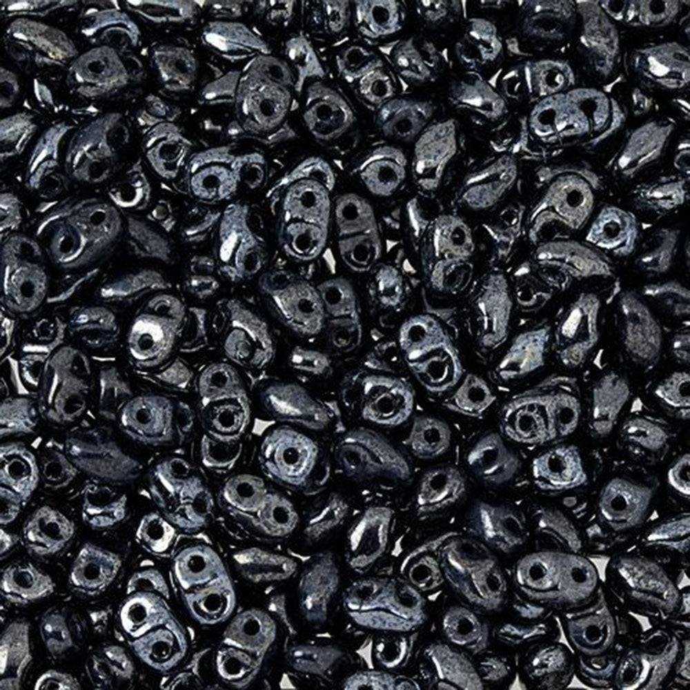 Czech Glass MiniDuo, 2-Hole Beads 2x4mm, Jet Hematite (2.5 Inch Tube)