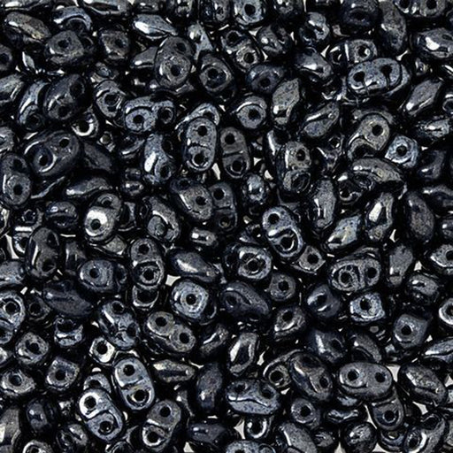Czech Glass MiniDuo, 2-Hole Beads 2x4mm, Jet Hematite (2.5 Inch Tube)