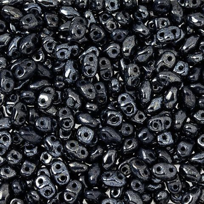Czech Glass MiniDuo, 2-Hole Beads 2x4mm, Jet Hematite (2.5 Inch Tube)